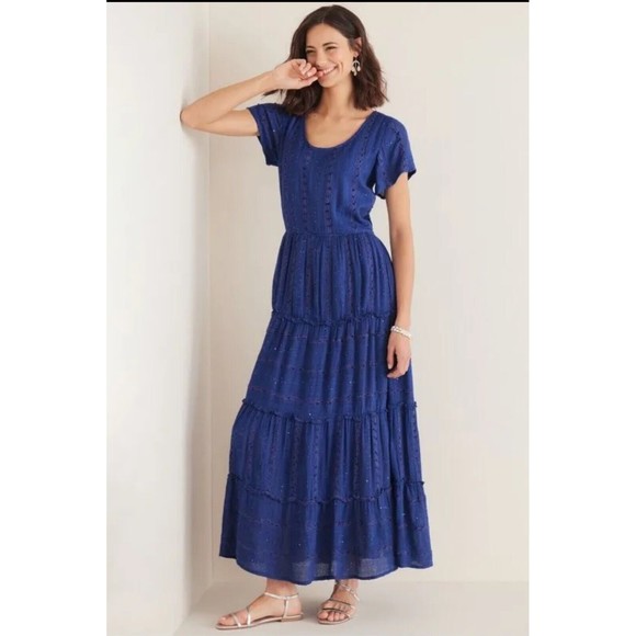 NWT Soft Surroundings Kara Tiered Maxi Dress Blue Shimmer Sequin Med 10-12 $150 - Picture 1 of 12